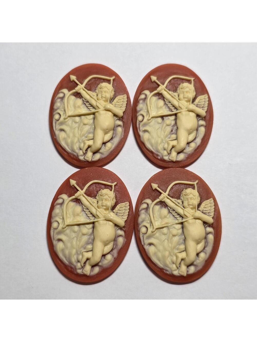 Lot of 4 Vintage Style Cupid With Bow Cameo Cabochons Orange White Resin EUC